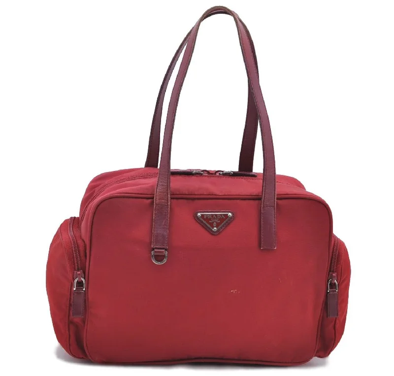 Ladies Prada Galleria bags with gold - toned hardware for a luxurious touchAuthentic PRADA Nylon Leather Shoulder Tote Bag Red H8938