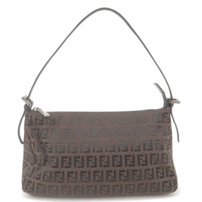 Fendi handbags with a metallic - finish FF logo for a bold and glamorous lookFENDI Zucchino Canvas Leather Shoulder Bag Brown Black 8BR156