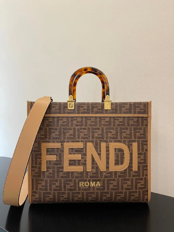 Fendi crossbody bags with a woven leather strap for a unique texture and visual appealFendi Sunshine Medium Brown FF jacquard fabric shopper Bag