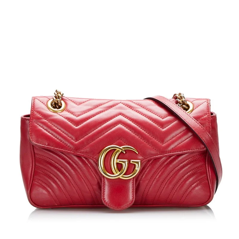 Customizable monogram bagsGucci GG Marmont Double G Quilted Small Heart Chain Shoulder Bag?443497 Hibiscus Red Leather Ladies Gucci