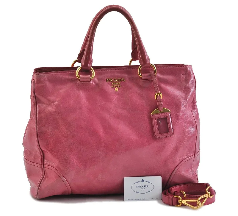 Ladies Prada Galleria bags with a textured leather surface for a more tactile lookAuthentic PRADA VITELLO SHINE 2Way Leather Shoulder Tote Bag BN2325 Pink 9243B