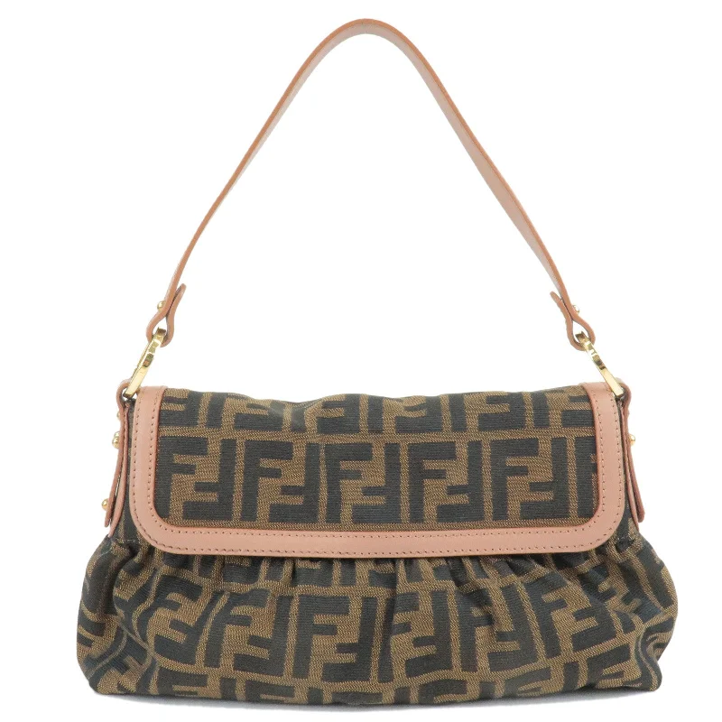 Ladies Fendi crossbody bags with a single - strap design for simplicity and ease of useFENDI Zucca Print Canvas Leather Shoulder Bag Brown Pink 8BR353