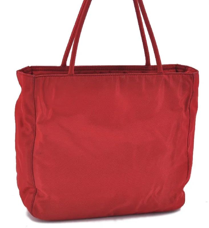 Prada Cahier bags with a leather - wrapped handle for a luxurious feelAuthentic PRADA Nylon Leather Tote Shoulder Bag Purse Red E3509