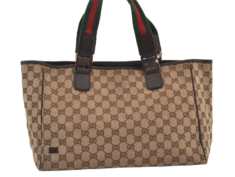 Minimalist leather handbagsAuthentic GUCCI Web Sherry Line Tote Bag GG Canvas Leather 145758 Brown 0106K