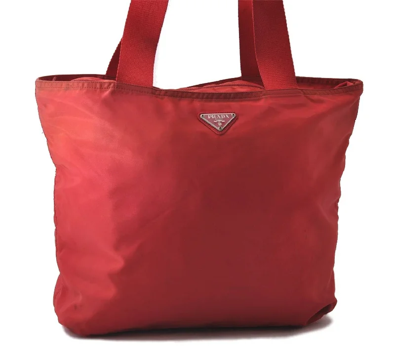 Prada handbags with a metal - framed clasp for durability and styleAuthentic PRADA Nylon Leather Shoulder Tote Bag Red 2379D