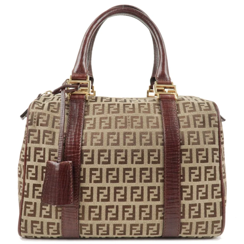 Fendi bags with a Bluetooth - enabled key finder for never losing keys againFENDI Zucchino Canvas Leather Boston Bag Brown Beige 8BL068