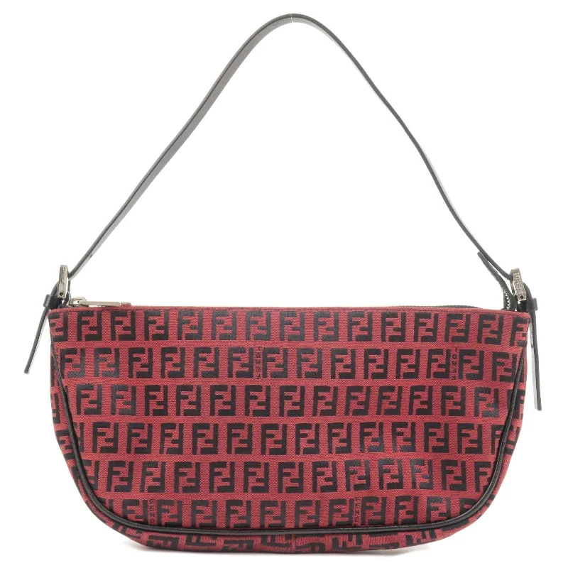 Fendi Baguette bags with a hand - embroidered floral design for a romantic and elegant touchFENDI Zucchino Canvas Leather Shoulder Bag Red Black 8BR144