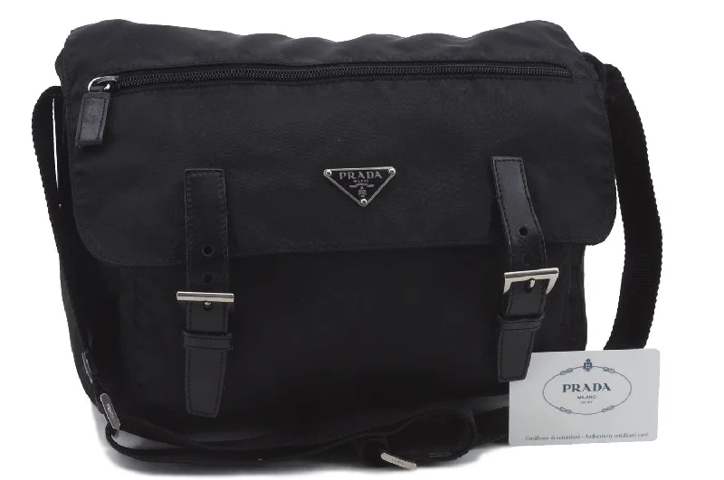 Prada bags with a detachable mirror inside for quick touch - upsAuthentic PRADA Nylon Leather Shoulder Cross Body Bag Purse Black 2382D