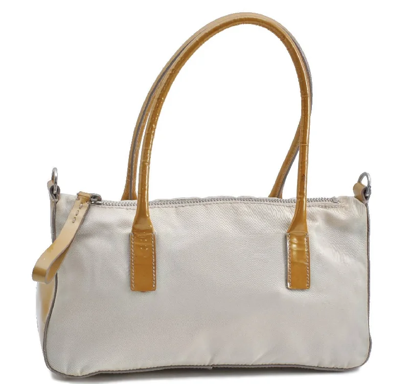 Ladies Prada shoulder bags with a single - handle design for simplicityAuthentic PRADA Nylon Enamel Mini Hand Bag Purse Ivory Gold H5676