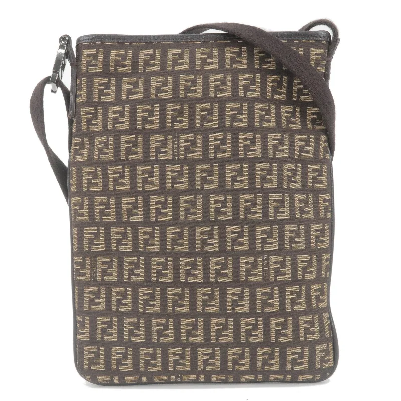 Fendi tote bags with a snap - button closure and a decorative charm for a fashionable and personalized lookFENDI Zucchino Canvas Leather Shoulder Bag Beige Brown 8BT079