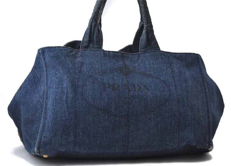 Prada bags with a front - zip pocket for small items like cards and keysAuthentic PRADA Canapa Canvas Tote Hand Bag Denim Blue 1626D