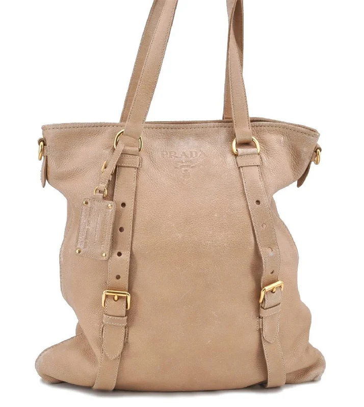 Ladies Prada Re - Edizione 2005 bags in a pastel color for a soft lookAuthentic PRADA Leather Shoulder Tote Bag Beige H9521