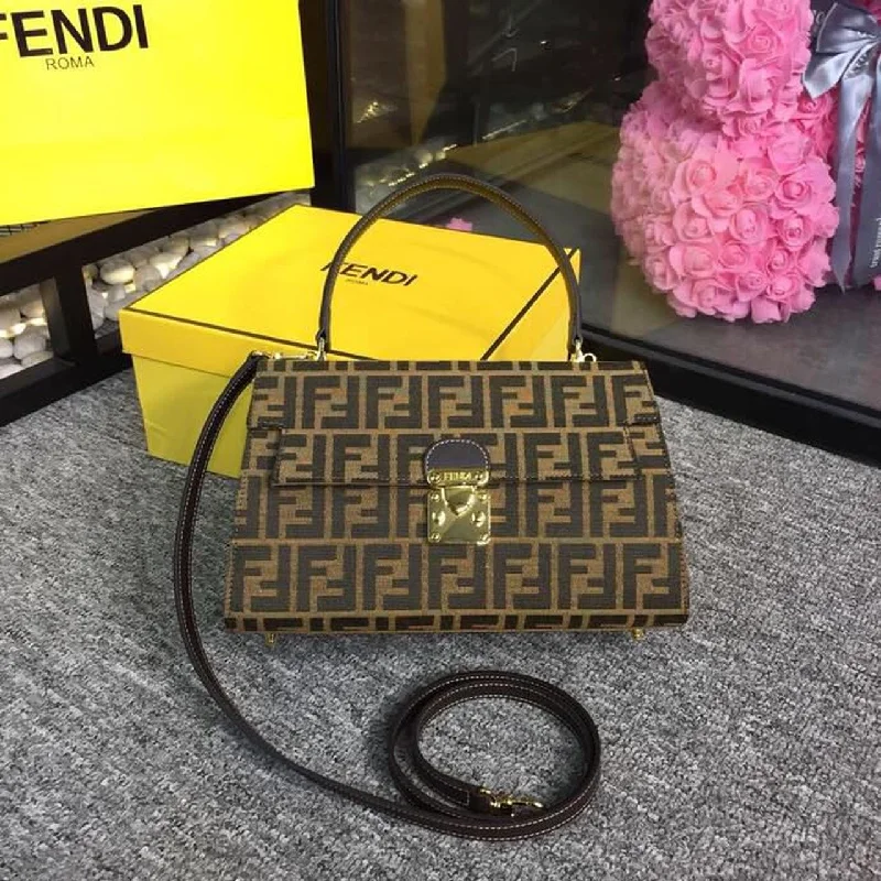 Fendi handbags with a glow - in - the - dark FF logo for a fun and unique featureFendi FF Canvas Single Handle 11.8in/30cm Shoulder Bag Brown For Women