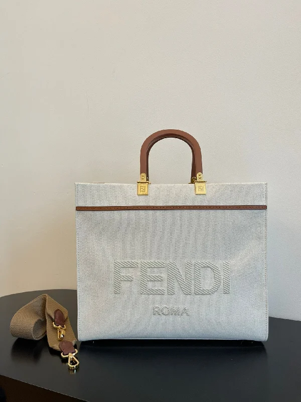 Fendi Baguette bags with a studded leather trim for a bold and edgy lookFendi Sunshine Medium Tote Bag Light Grey Canvas