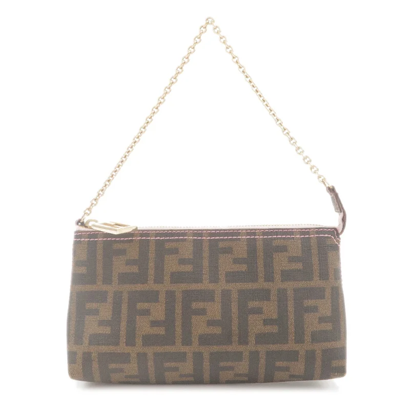 Fendi bags with a zippered interior pocket for separating items and keeping them organizedFENDI Zucca Print PVC Leather Pouch Hand Bag Brown 8BR592