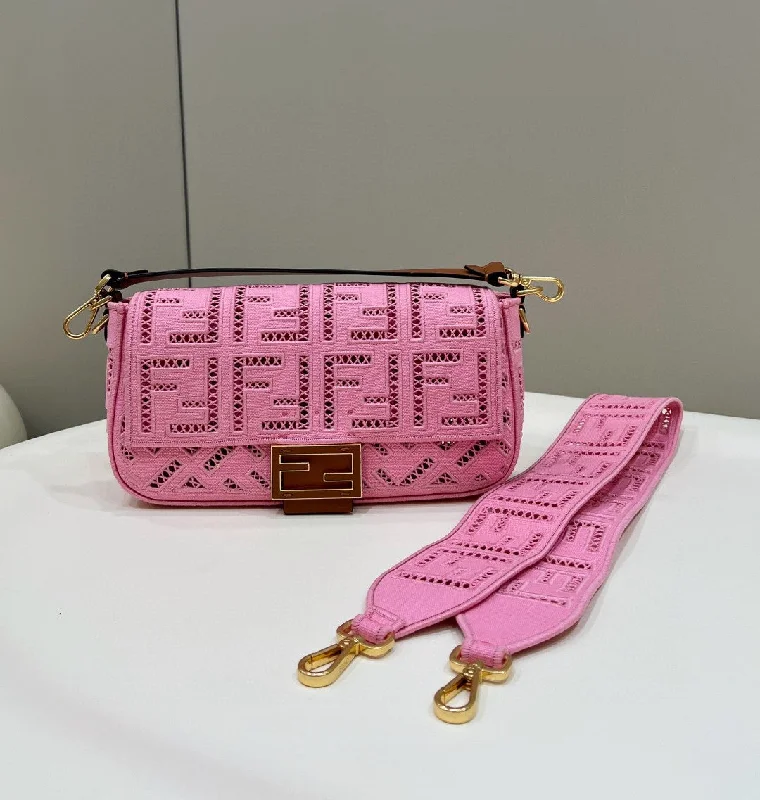 Fendi bags with a patent - leather finish for a shiny and sophisticated appearanceFendi Baguette Pink with Embroidery Medium Bag For Woman 28cm/11in