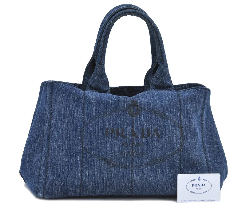 Prada bags with a zippered interior pocket for separating itemsAuthentic PRADA Canapa Canvas Tote Hand Bag B1877B Denim Blue H9480