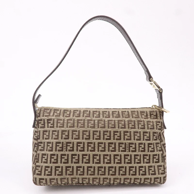 Fendi bags with a detachable makeup pouch inside for beauty - conscious usersFENDI Zucchino Canvas Leather Shoulder Bag Beige Brown 8BR444