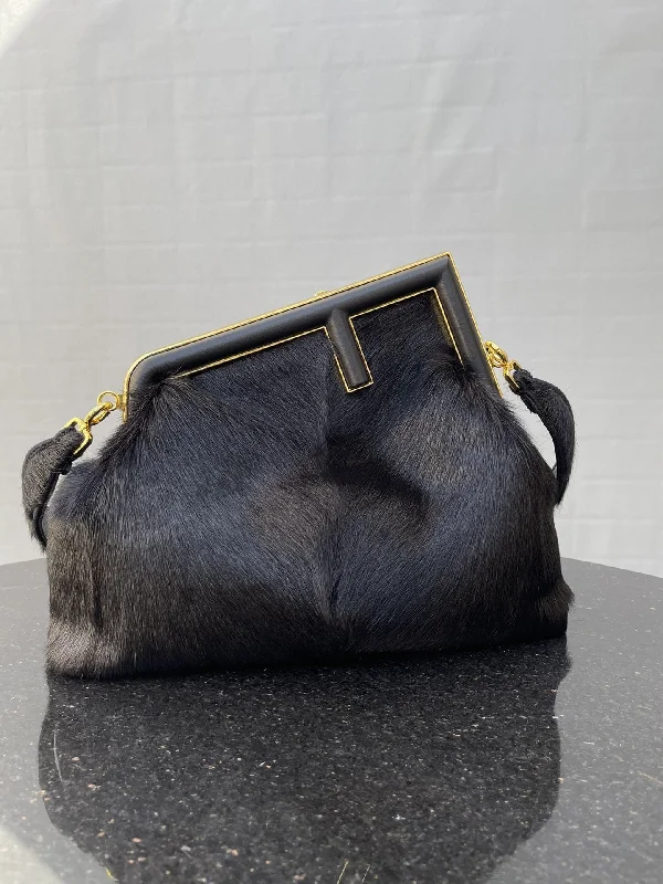 Fendi bags with a voice - activated pocket opener for a high - tech convenienceFendi Fendirst Medium Black Fox Fur Bag For Woman 32.5cm/13in