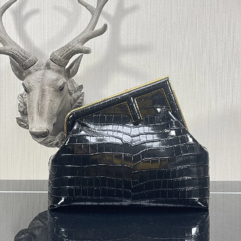 Ladies Fendi Peekaboo bags with a hand - carved leather detail for a unique and artisanal touchFendi Fendirst Medium Black Crocodile Bag For Woman 32.5cm/13in