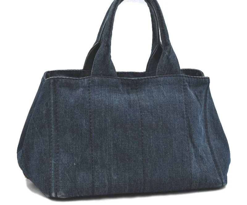 Prada tote bags with a spacious interior and a magnetic - snap closureAuthentic PRADA Canapa Canvas Tote Hand Bag Denim Blue H5043