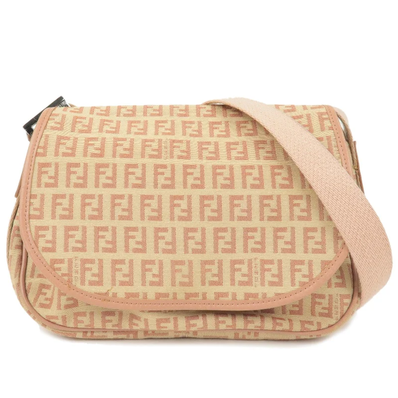 Fendi backpacks with a padded back panel for comfort during long - distance travelFENDI Zucchino Canvas Leather Shoulder Bag Beige Pink 8BR320