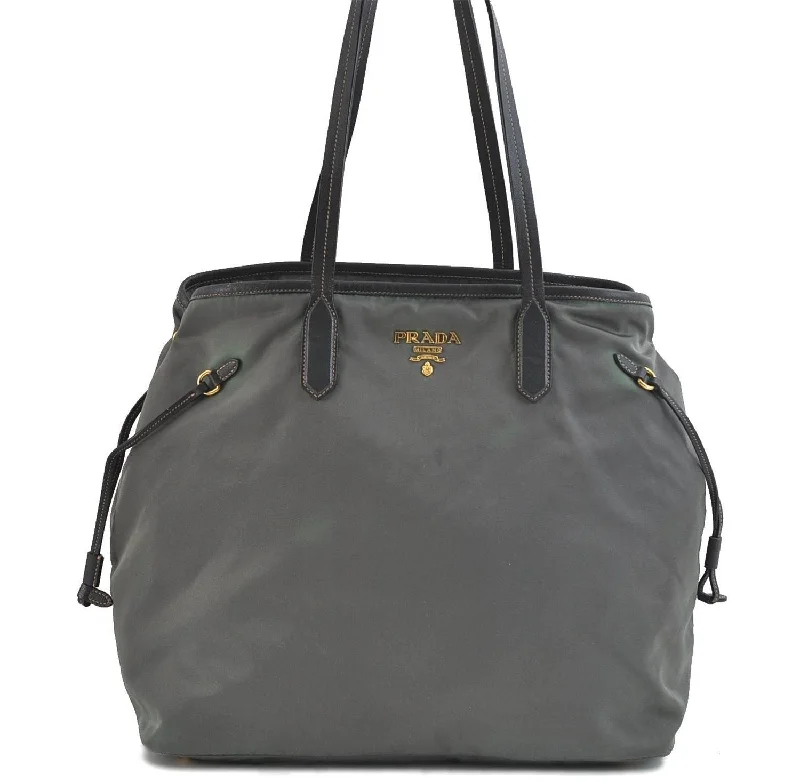 Ladies Prada shoulder bags with a wide - width strap for enhanced comfortAuthentic PRADA Nylon Leather Shoulder Tote Bag Green Khaki Gray 2449D