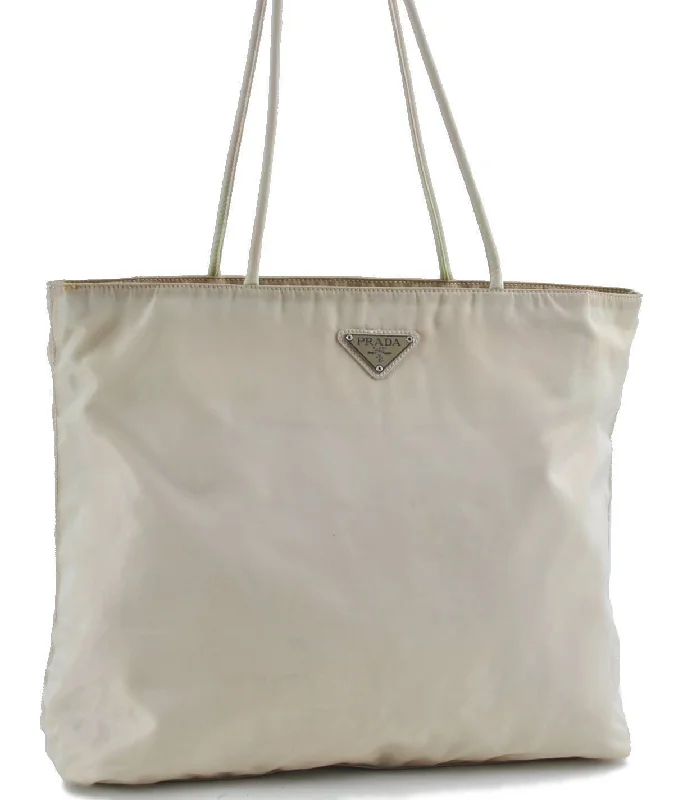 Ladies Prada shoulder bags with a wide - width strap for enhanced comfortAuthentic PRADA Nylon Shoulder Tote Bag Ivory White H1417