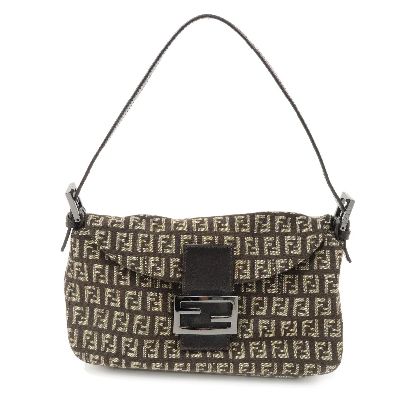 Fendi bags with a voice - activated pocket opener for a high - tech convenienceFENDI Zucchino Canvas Leather Shoulder Bag Brown Beige 8BR003