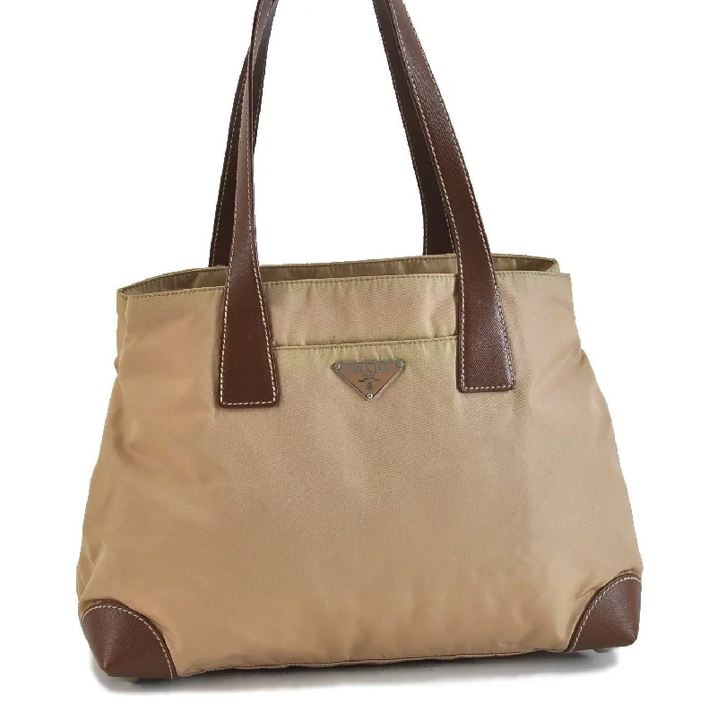 Prada Cleo bags with a curved shape and a chain - link shoulder strapAuthentic PRADA Nylon Leather Shoulder Tote Hand Bag Beige Brown 2581C