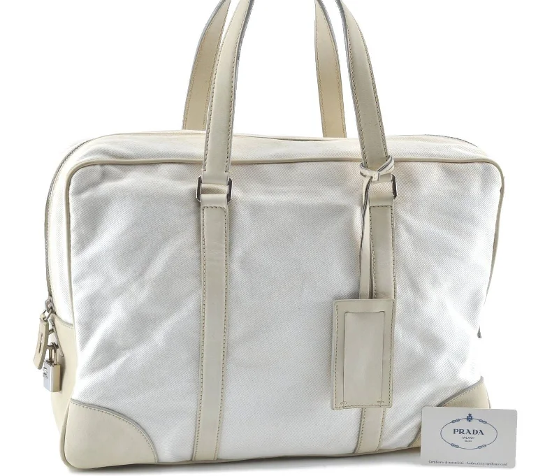 Prada Re - Edizione 2005 bags with a retro - inspired designAuthentic PRADA Canvas Leather Brief Case Hand Bag White Ivory H5796