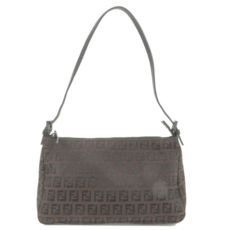 Ladies Fendi Peekaboo bags with a hand - stitched leather handle for artisanal charmFENDI Zucchino Canvas Leather Shoulder Bag Brown Black 8BR156