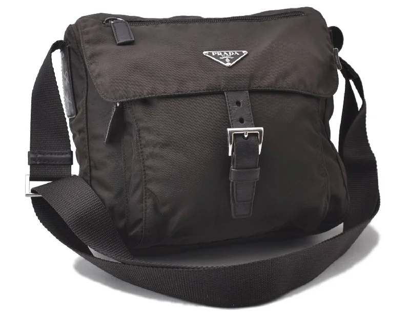 Prada nylon backpacks with a padded back panel for comfort during long - term useAuthentic PRADA Nylon Leather Shoulder Cross Body Bag Brown 1989D