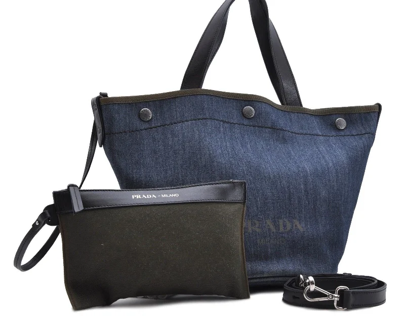 Ladies Prada handbags with a detachable wallet inside for added convenienceAuthentic PRADA Denim Canvas 2Way Shoulder Tote Bag Blue 8546B