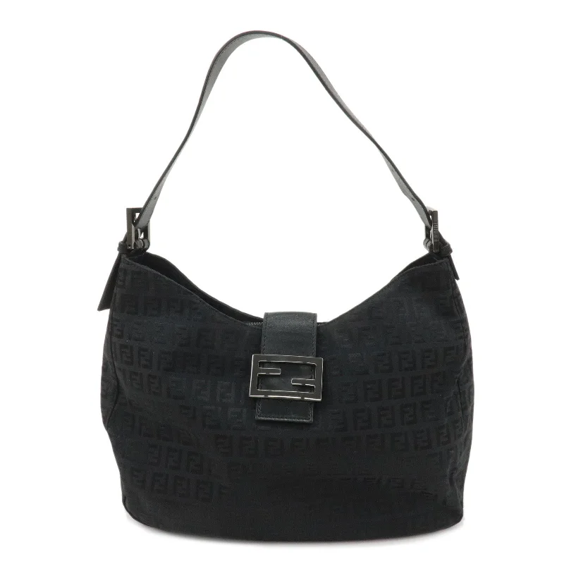 Fendi bags with a front - zip pocket for small items such as lip balm and earphonesFENDI Zucchino Canvas Leather Shoulder Bag Black 8BR037