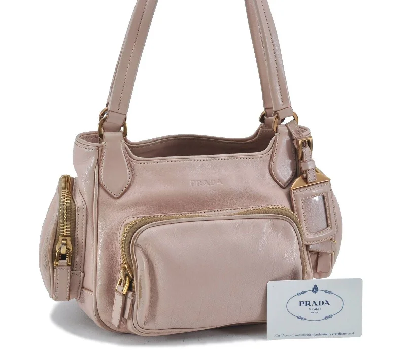 Prada bags with a front - flap pocket for quick access to essentialsAuthentic PRADA Leather Shoulder Hand Bag Purse BR2522 Light Pink H3293