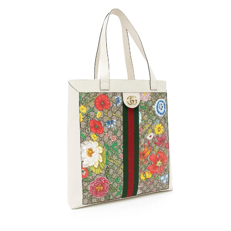 Affordable luxury bags Gucci GG Supreme Flora Ophidia Vertical Shopping Tote (SHF-0C0Gj1)