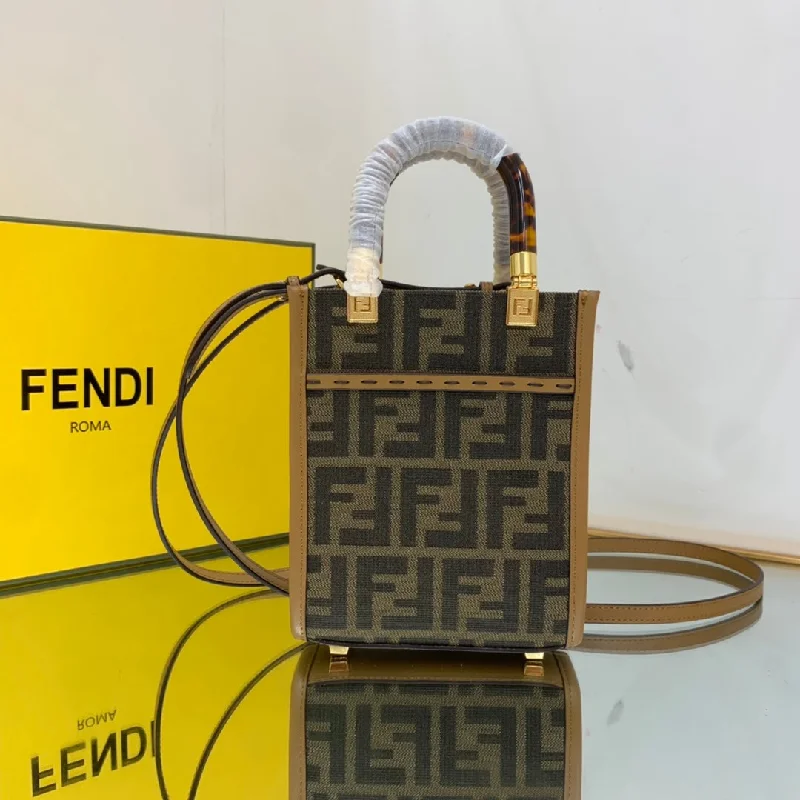 Fendi tote bags with a self - cleaning interior lining for easy maintenanceFendi Sunshine Shopper Brown FF Fabric Mini Bag For Woman