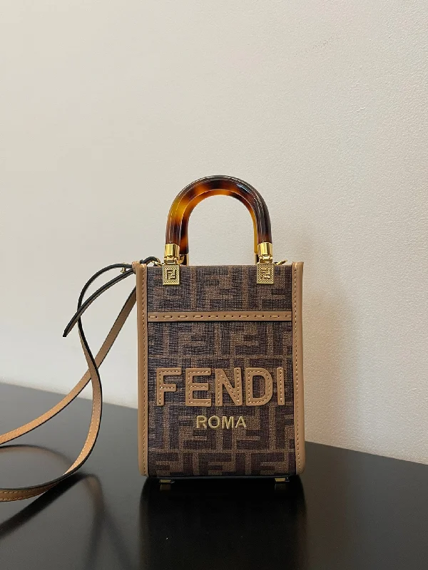 Fendi By The Way bags with a 3D - printed FF logo for a modern and textured lookFendi Sunshine Shopper Brown FF Fabric Brown Mini Bag