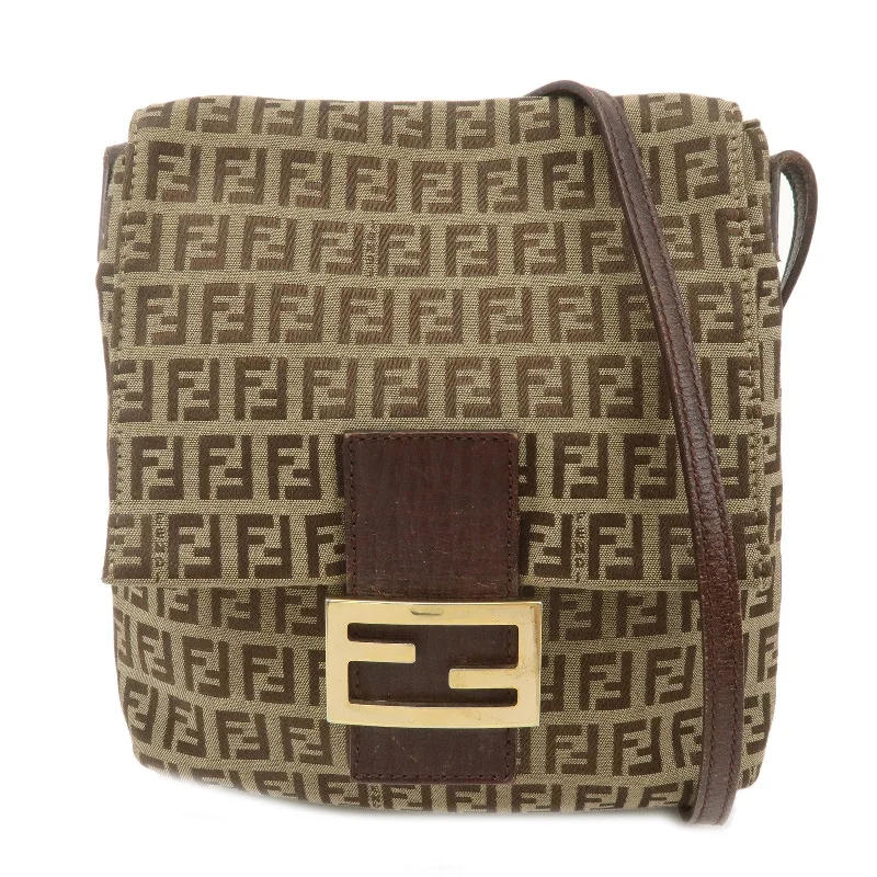 Fendi crossbody bags with a detachable ID holder for easy identificationFENDI Zucchino Canvas Leather Shoulder Bag Beige Brown 8BT075