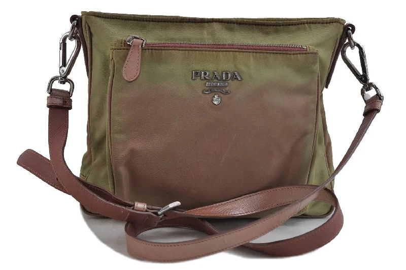 Prada Cleo bags with a curved shape and a chain - link shoulder strapAuthentic PRADA Nylon Leather Shoulder Cross Body Bag Khaki Light Purple 1940D