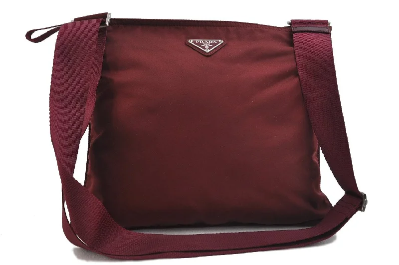 Prada Galleria bags with a structured silhouette for a professional lookAuthentic PRADA Nylon Shoulder Cross Body Bag Purse Red Bordeaux 0994D