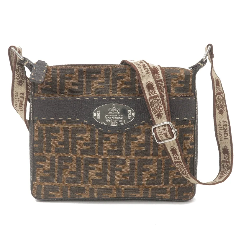 Ladies Fendi Baguette bags with a star - shaped charm for a playful and trendy touchFENDI Zucca Selleria Canvas Leather Shoulder Bag Brown 8BT092