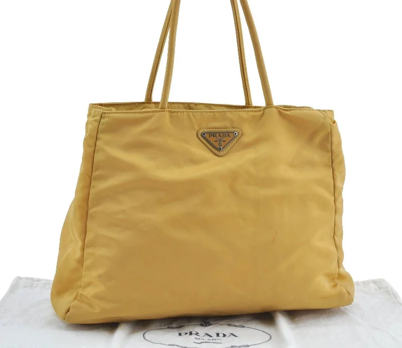 Prada Cleo bags with a snakeskin - effect panel for a bold and trendy lookAuthentic PRADA Nylon Shoulder Tote Bag Yellow H1424