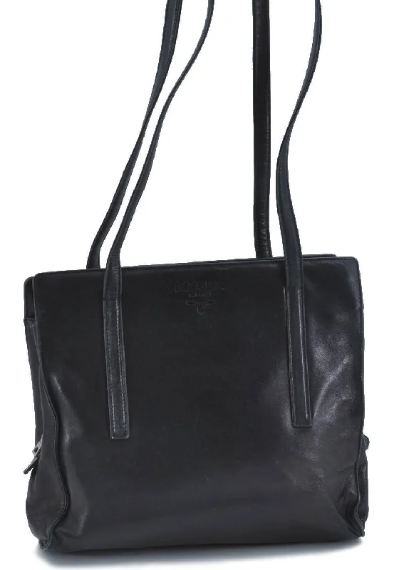 Prada tote bags with a water - resistant coating for outdoor activitiesAuthentic PRADA Leather Shoulder Hand Bag Black H1405