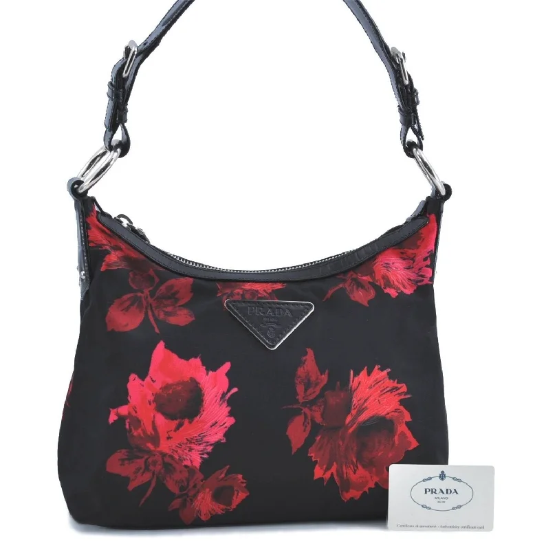 Prada crossbody bags in a vibrant red for a bold fashion statementAuthentic PRADA Flower Motif Nylon Leather Shoulder Hand Bag BR3134 Black H9052