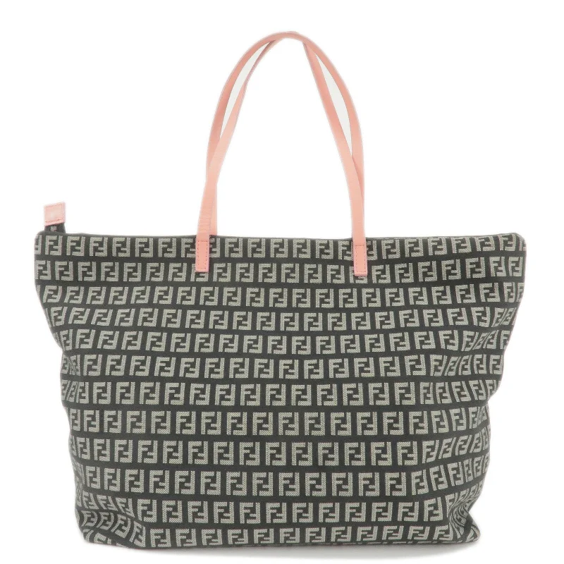 Fendi handbags with a glow - in - the - dark FF logo for a fun and unique featureFENDI Zucchino Canvas Leather Tote Bag Black Gray Pink 8BH025