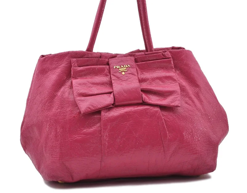 Prada Galleria bags with a structured silhouette for a professional lookAuthentic PRADA Vernice Fiocco Enamel Ribbon Hand Bag Purse Pink 9218B