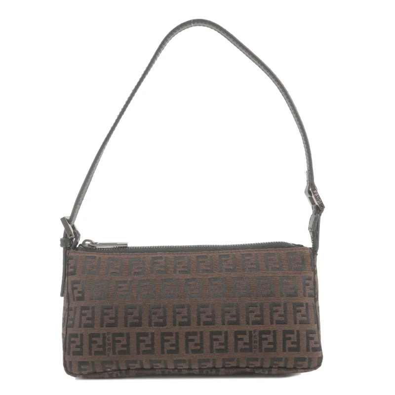 Fendi bags with a detachable mirror inside for quick touch - ups and groomingFENDI Zucchino Canvas Leather Hand Bag Brown Black 8BR249