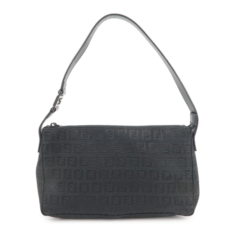 Fendi handbags with a perforated leather detail for a breathable and unique designFENDI Zucchino Canvas Leather Shoulder Bag Black 8BR444